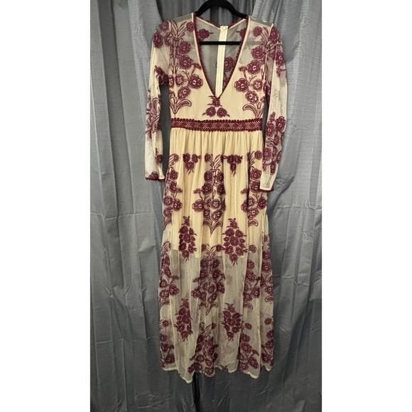 Unbranded Dresses & Skirts - Unbranded Embroidered Floral Mesh Maxi Dress Women S Beige Burgundy Boho Prairie